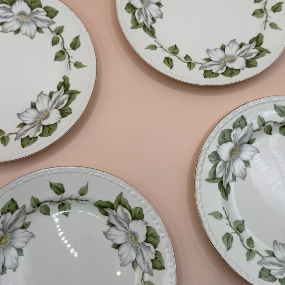 Vintage Homer Laughlin Georgian Eggshell Plates – White Dogwood Flowers  4 Piece